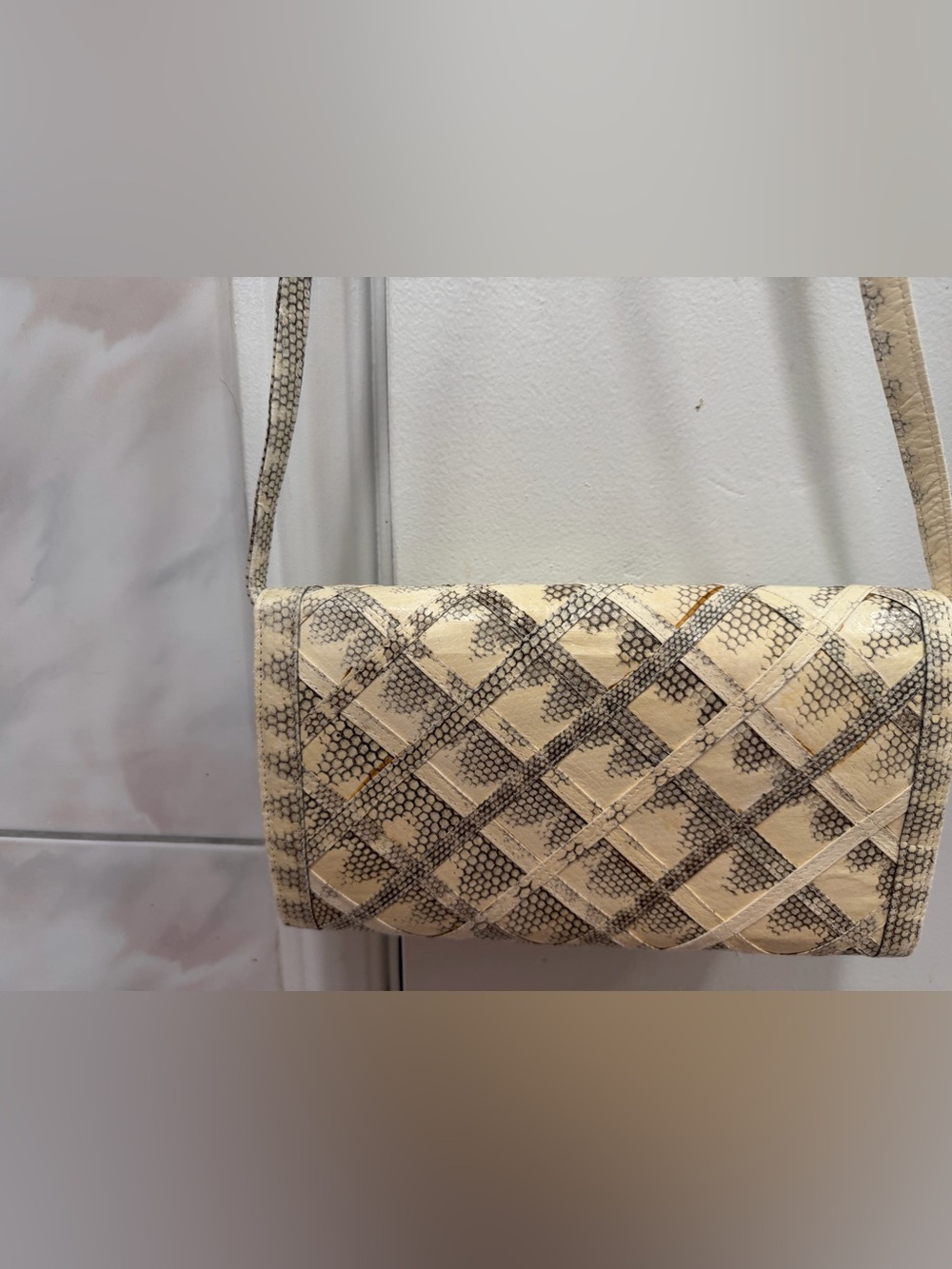 Woven Snake-Print Clutch/Shoulder Bag in Cream and Gray - Picture 2 of 5